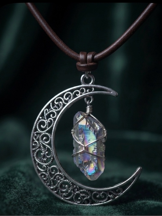 Artisan Jewelry - Silver Filigree Crescent Moon Necklace with Titanium Aura quartz Stone